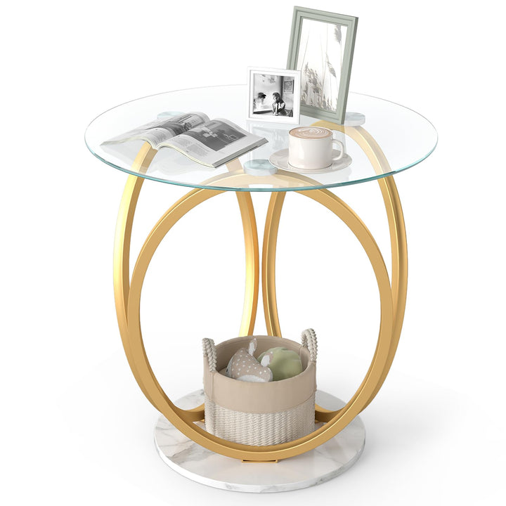 Giantex Round Faux Marble Sofa Couch Side Table with Tempered Glass Tabletop (1/2)
