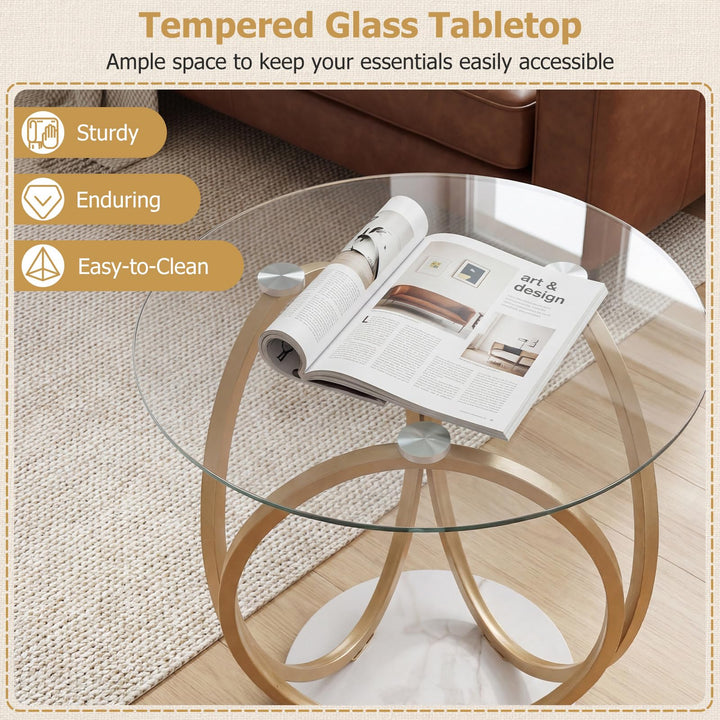 Giantex Round Faux Marble Sofa Couch Side Table with Tempered Glass Tabletop (1/2)