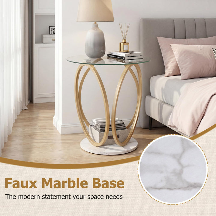 Giantex Round Faux Marble Sofa Couch Side Table with Tempered Glass Tabletop (1/2)