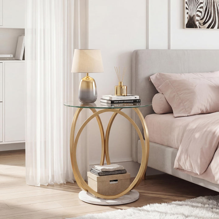 Giantex Round Faux Marble Sofa Couch Side Table with Tempered Glass Tabletop (1/2)