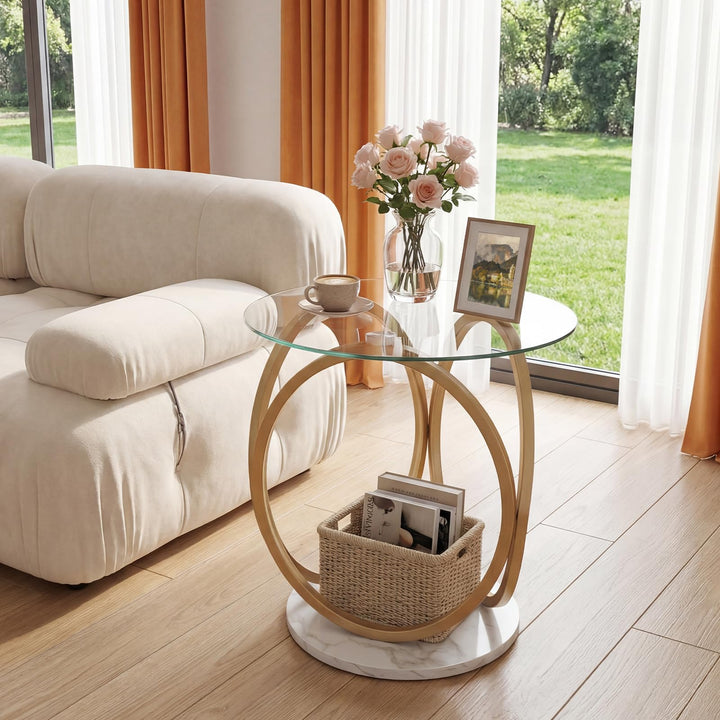 Giantex Round Faux Marble Sofa Couch Side Table with Tempered Glass Tabletop (1/2)