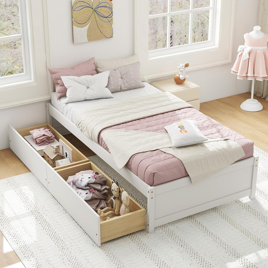 Giantex Bed Frame with 2 Storage Drawers, Solid Wood Platform Bed with Slats Support