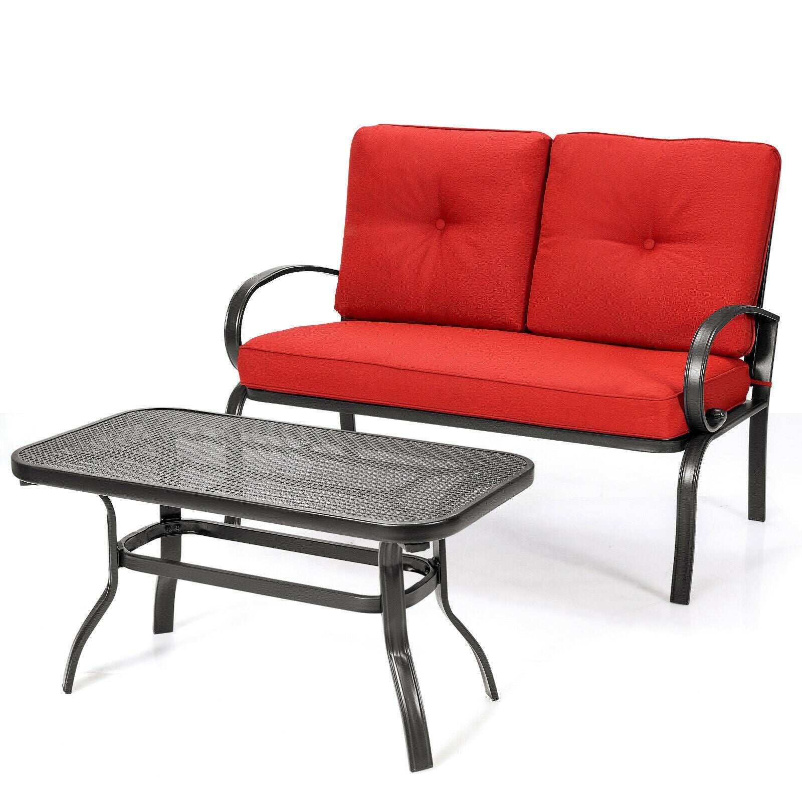 2 Pcs Patio Loveseat with Coffee Table Outdoor Bench with Cushion and Metal Frame