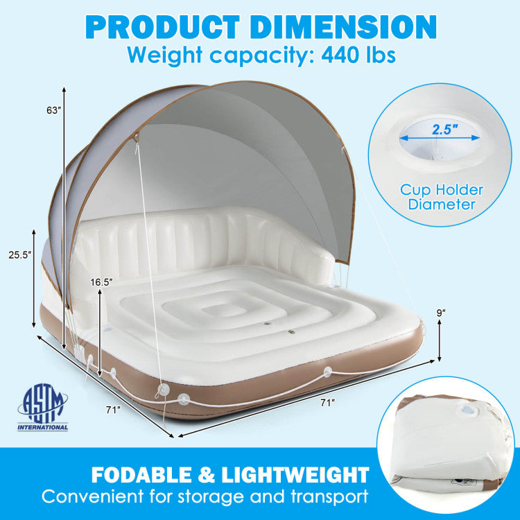 Giantex Canopy Island Inflatable Pool Float Comfortable Lounge Surface – Built-in Cup Holders – Detachable Sunshade – 440lb Max Weight Capacity