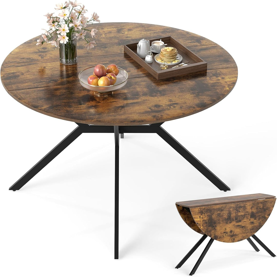 Giantex Folding Dining Table for 4-6 People 47" Round Drop Leaf Table with Metal Frame