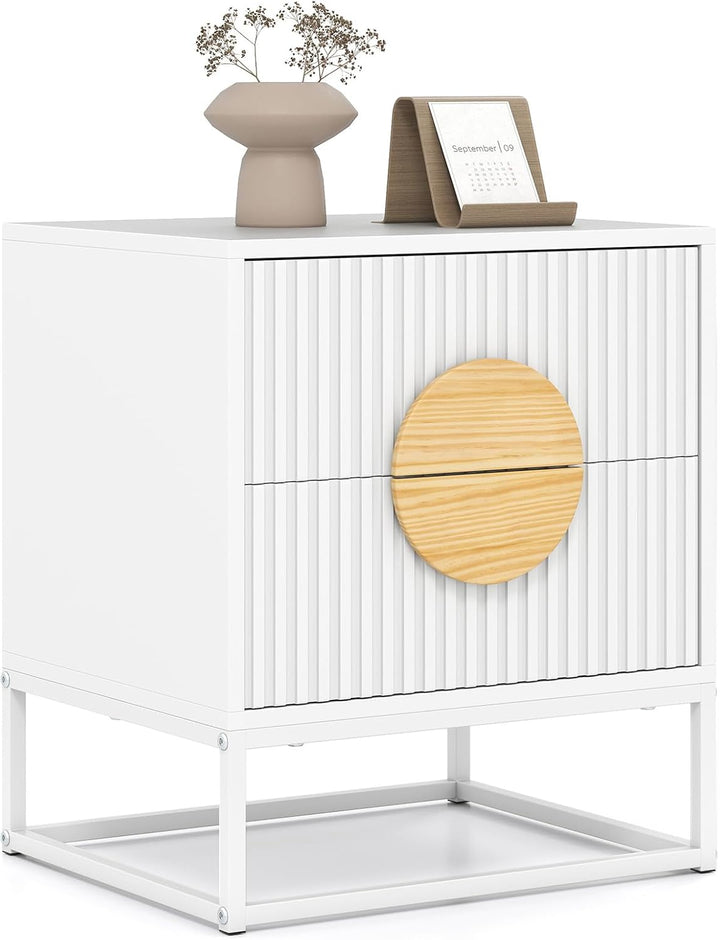 Giantex Fluted Nightstand with 2 Drawers with Natural Circle Handle & Metal Frame