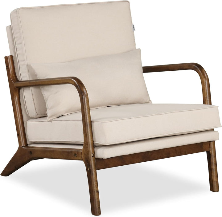 Giantex Mid Century Modern Accent Chair, Upholstered Armchair with Pillow, Rubber Wood Armrests & Legs