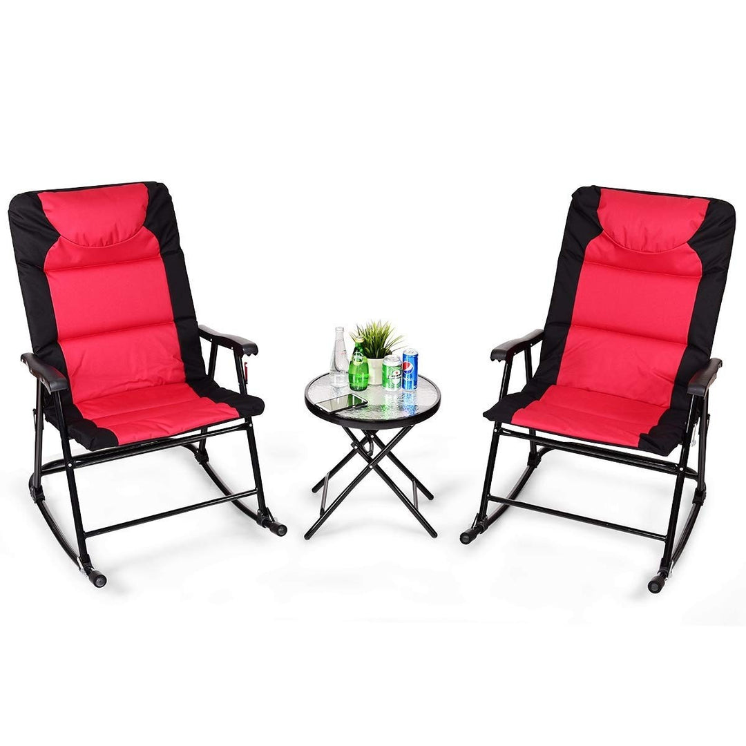 Giantex 3 PCS Folding Bistro Set Outdoor Patio Rocking Chairs Round Table Set 2 Rocking Chairs