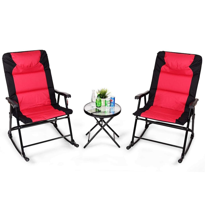 Giantex 3 PCS Folding Bistro Set Outdoor Patio Rocking Chairs Round Table Set 2 Rocking Chairs