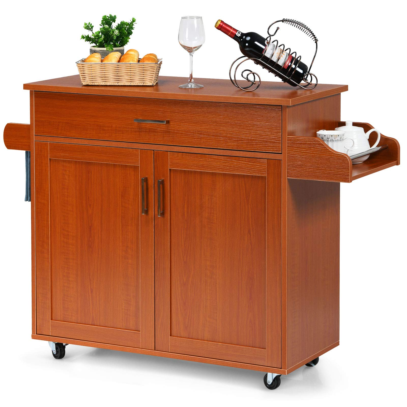 Giantex Kitchen Island, Rolling Kitchen Cart with Spice and Towel Rack, Large Drawer & 2-Door Storage Cabinet