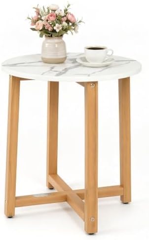 GIANTEX 16" Round Side Table Faux Marble End Table with Acacia Wood Legs