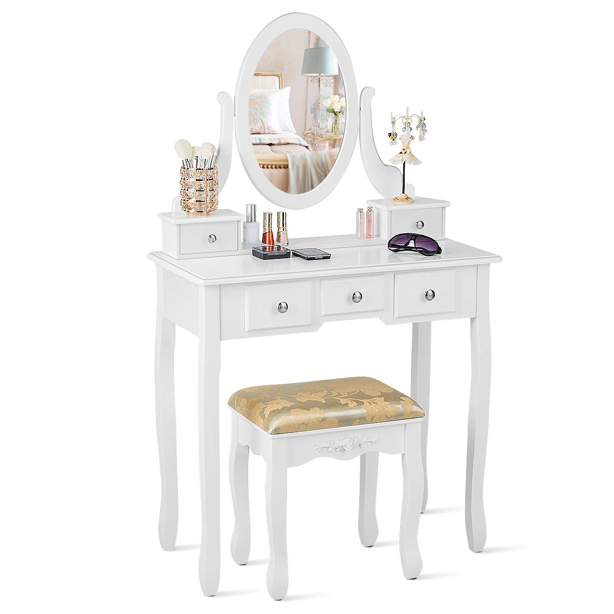 CHARMAID Vanity Table Set with Rotatable Oval Mirror
