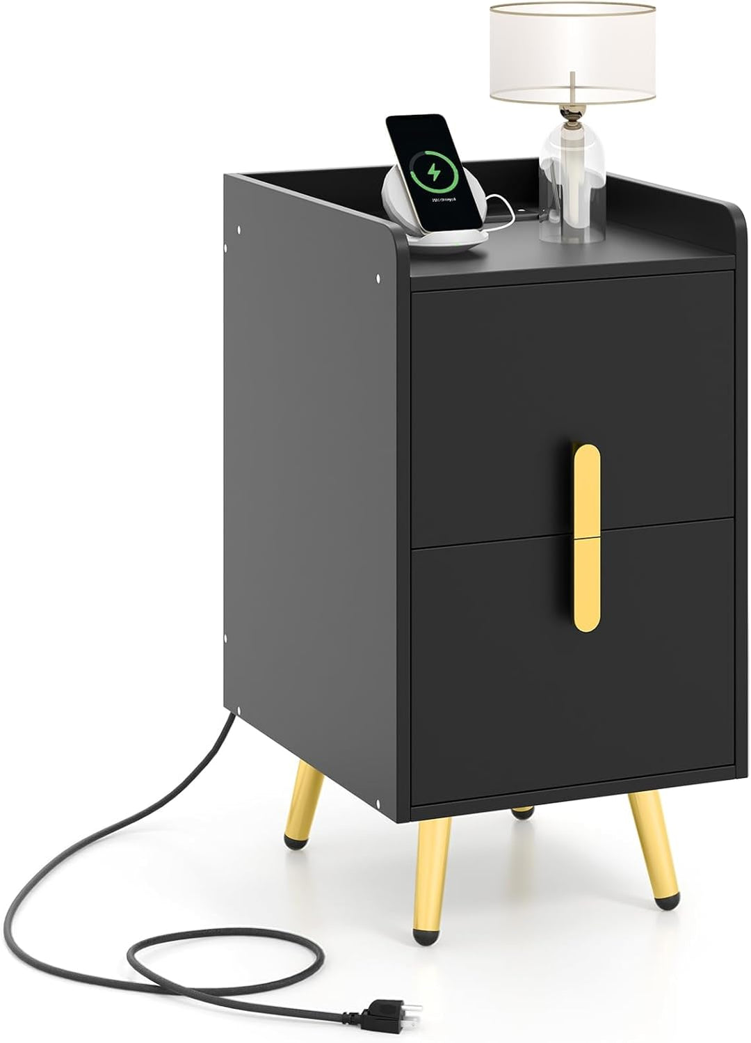 Giantex Nightstand with Charging Station, Narrow End Table with 2 Drawers & Metal Gold Legs