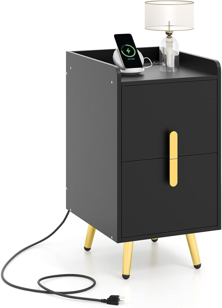 Giantex Nightstand with Charging Station, Narrow End Table with 2 Drawers & Metal Gold Legs