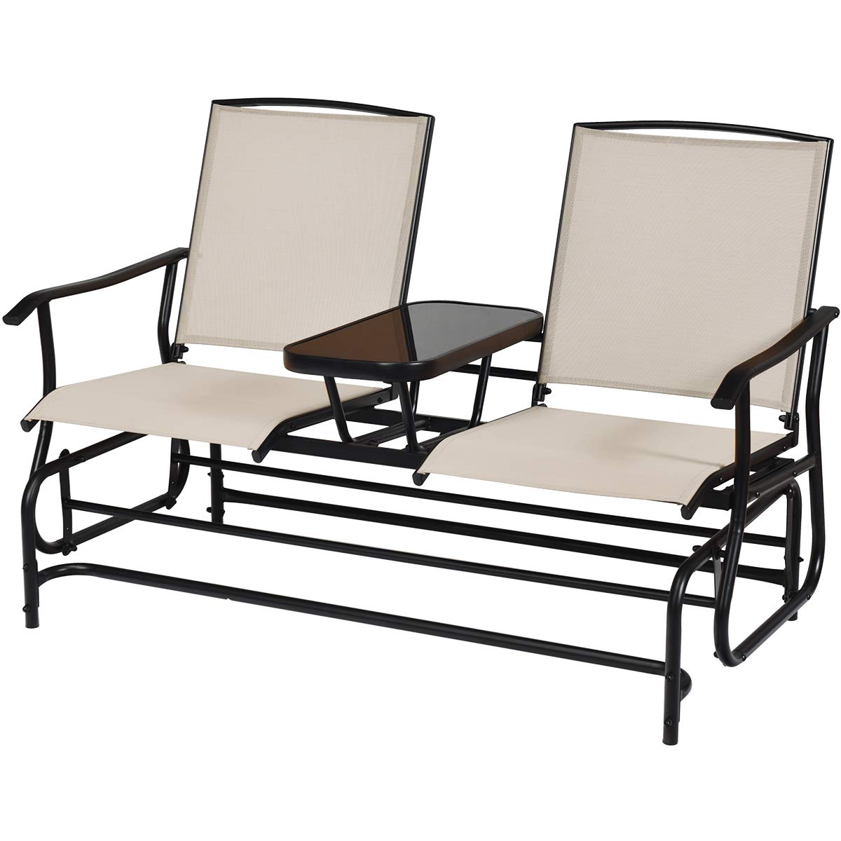 Giantex 2 Person Outdoor Double Glider Chair, Mesh Fabric Rocking Chair w/Center Tempered Glass Table