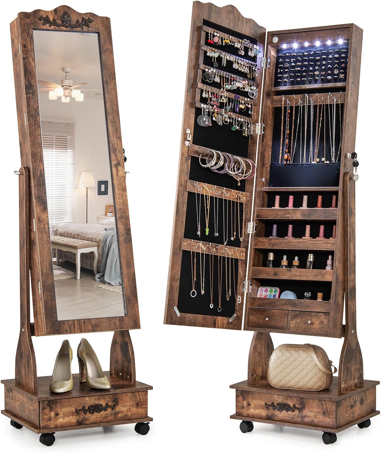 CHARMAID 6 LEDs Rolling Jewelry Cabinet with High Full Length Mirror, Lockable Standing Jewelry Armoire with Wheels