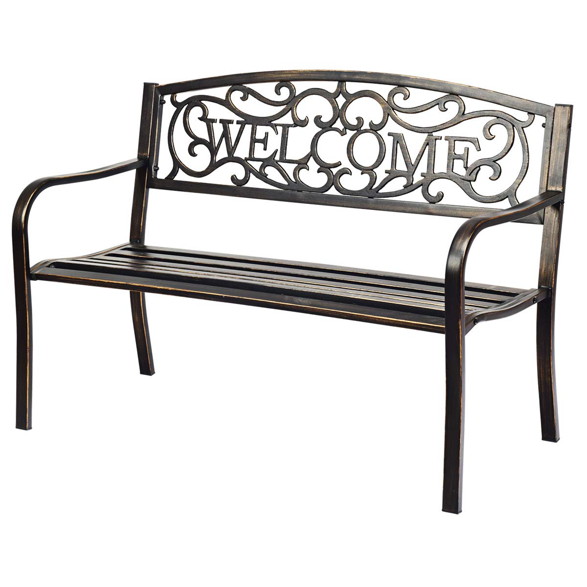 Giantex Garden Bench, Antique Metal Outside Bench w/Warm Welcome Pattern