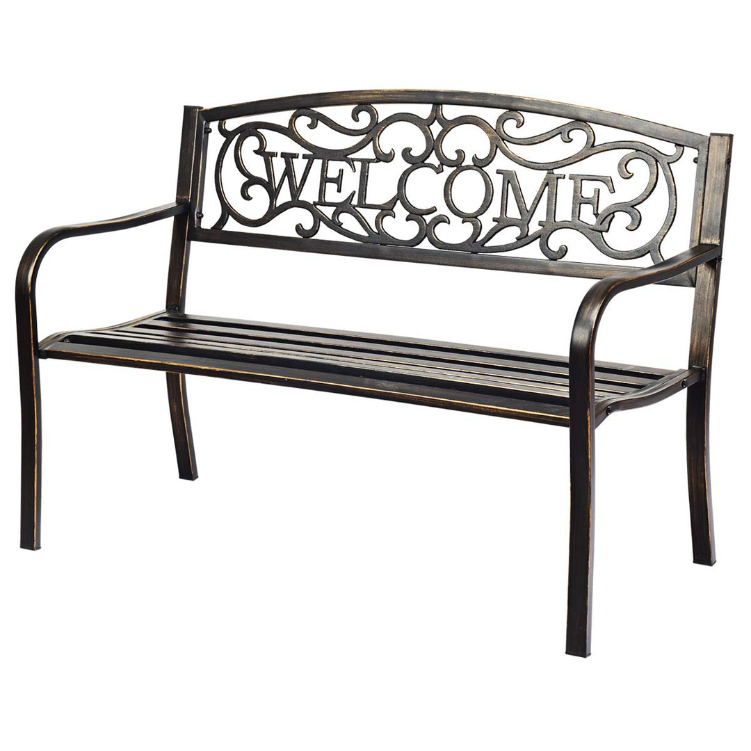 Giantex Garden Bench, Antique Metal Outside Bench w/Warm Welcome Pattern