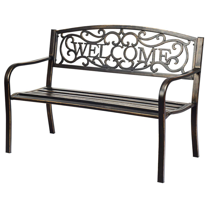 Giantex Garden Bench, Antique Metal Outside Bench w/Warm Welcome Pattern