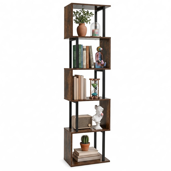 GIANTEX 5-Tier S-Shaped Wood Bookcase w/Metal Frame (1/2)