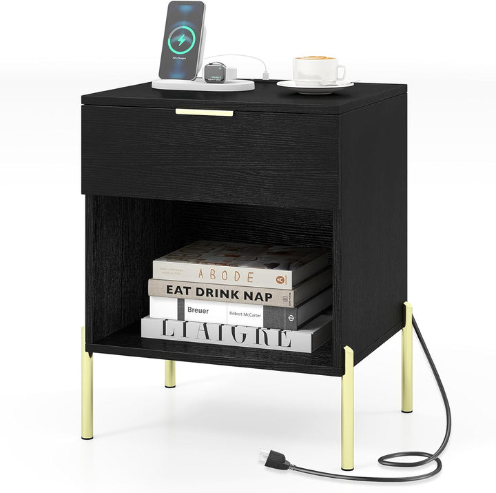 Giantex Mid Century Modern Nightstand with Charging Station