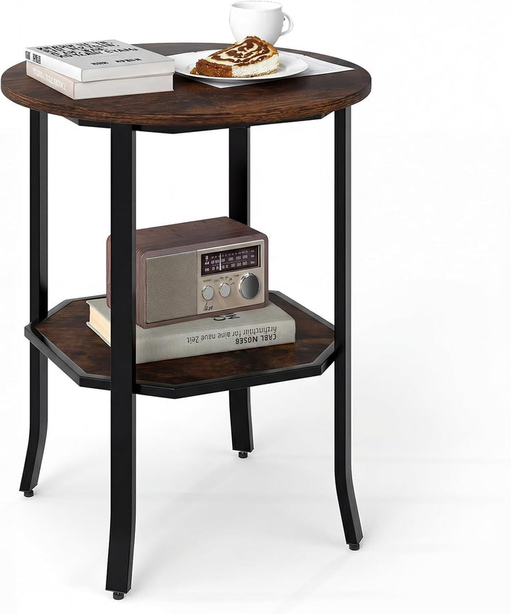 Giantex 2-Tier Round Small Sofa Couch End Table with Storage Shelf &amp; Steel Frame