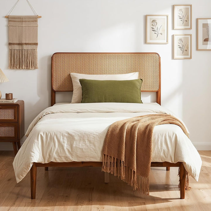 Giantex Wooden Bed Frame Full/Twin/Queen Size with Rattan Headboard