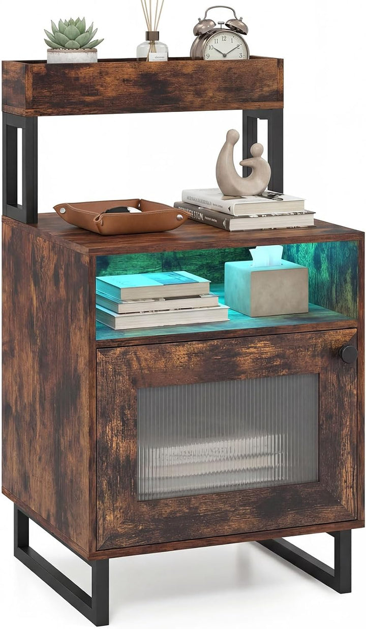 Giantex Night Stand with LED Lights | Tall Sofa Side Couch End Table w/Top Tray (1/2)