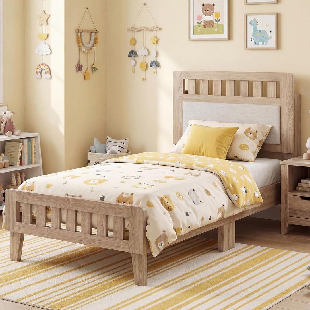 Giantex Mid-Century Wood Bed Frame with Upholstered Headboard (Full/Twin)