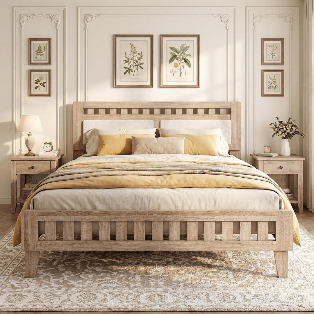 Giantex Mid-Century Wood Bed Frame with Upholstered Headboard (Full/Twin/Queen)