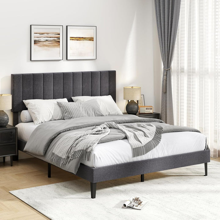 Giantex Upholstered Bed Frame Platform Bed with Height Adjustable Vertical Channel Headboard
