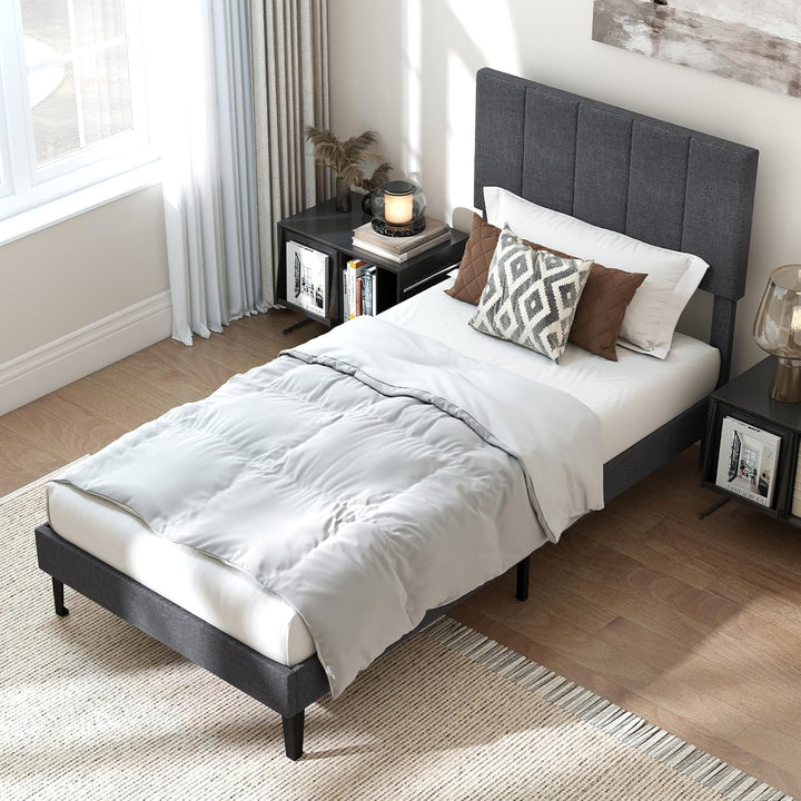 Giantex Queen/Full/Twin Size Upholstered Bed Frame Platform Bed with Height Adjustable Vertical Channel Headboard