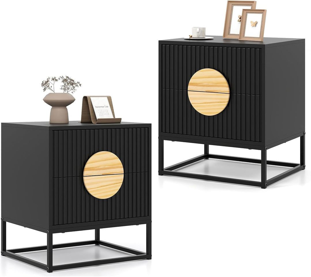 Giantex Fluted Nightstand with 2 Drawers with Natural Circle Handle & Metal Frame
