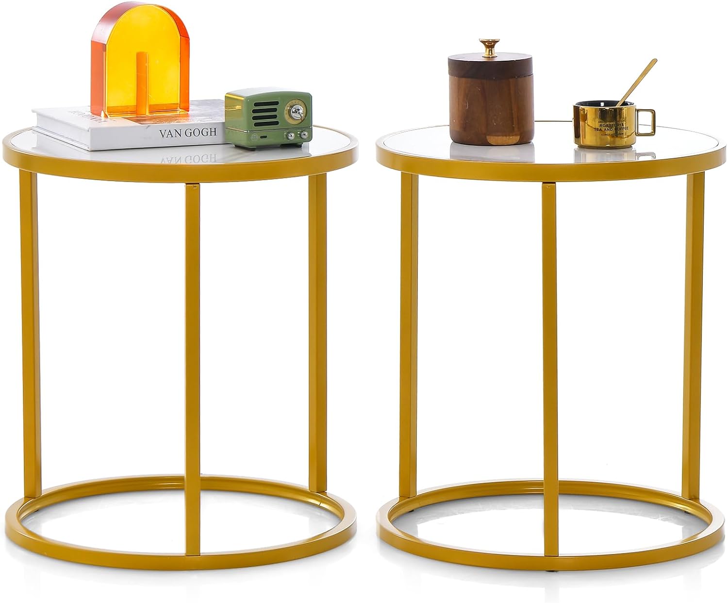 Giantex Faux Marble Side Table, Round End Table with Golden Metal Frame and White Marble Top