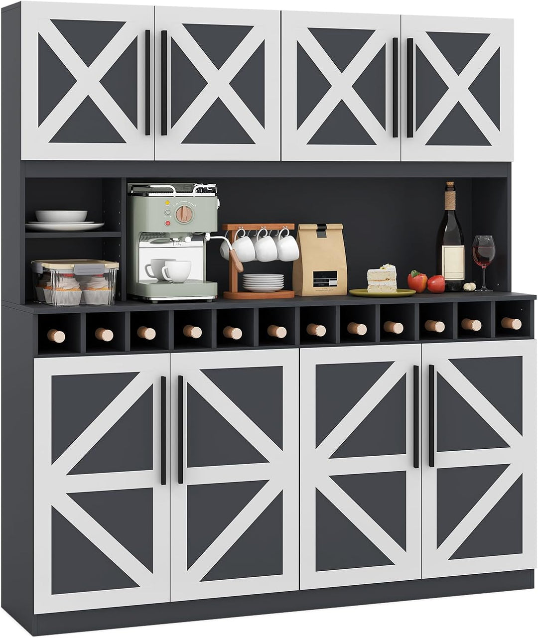 70 Inch Farmhouse Pantry Cabinet Kitchen Buffet Hutch with 4 Cabinets and 2 Open Shelves