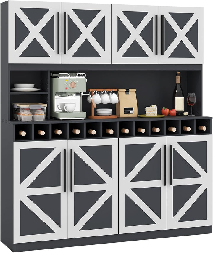 70 Inch Farmhouse Pantry Cabinet Kitchen Buffet Hutch with 4 Cabinets and 2 Open Shelves