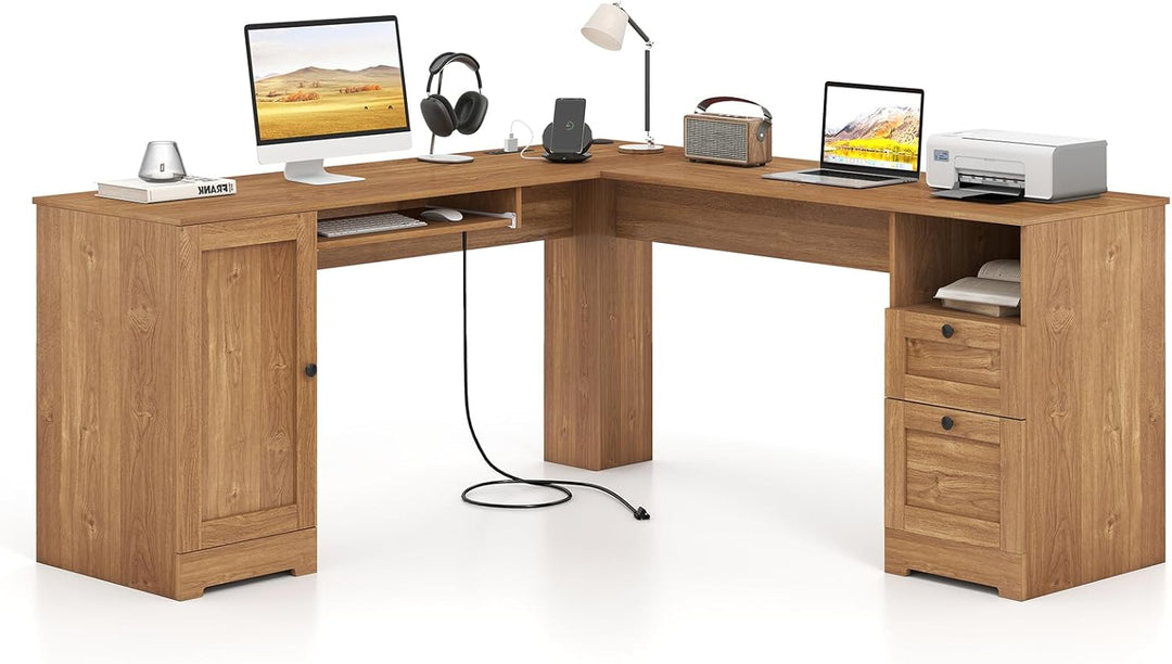 Giantex 66" L-Shaped Desk with Storage Drawers & Charging Station
