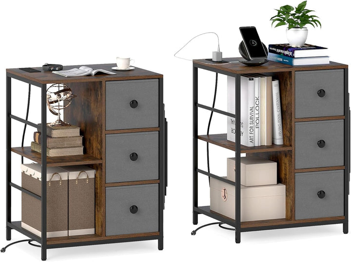 Giantex Industrial Nightstand with Charging Station - End Side Table w/3 Fabric Drawers