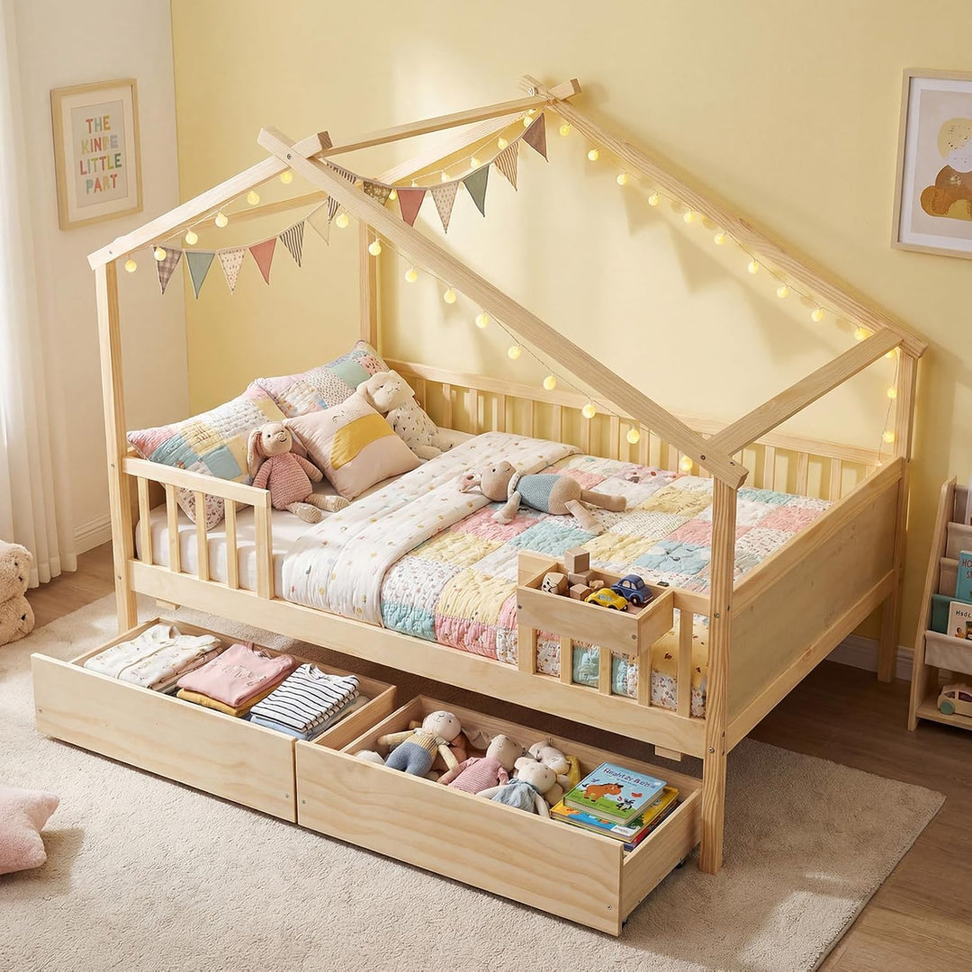 Giantex Full Size House Bed with Roof and Fence Rails for Kid
