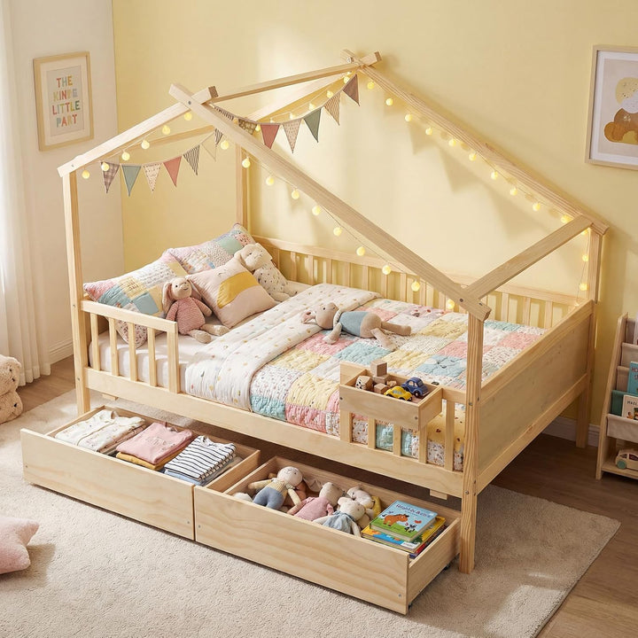 Giantex Full Size House Bed with Roof and Fence Rails for Kid