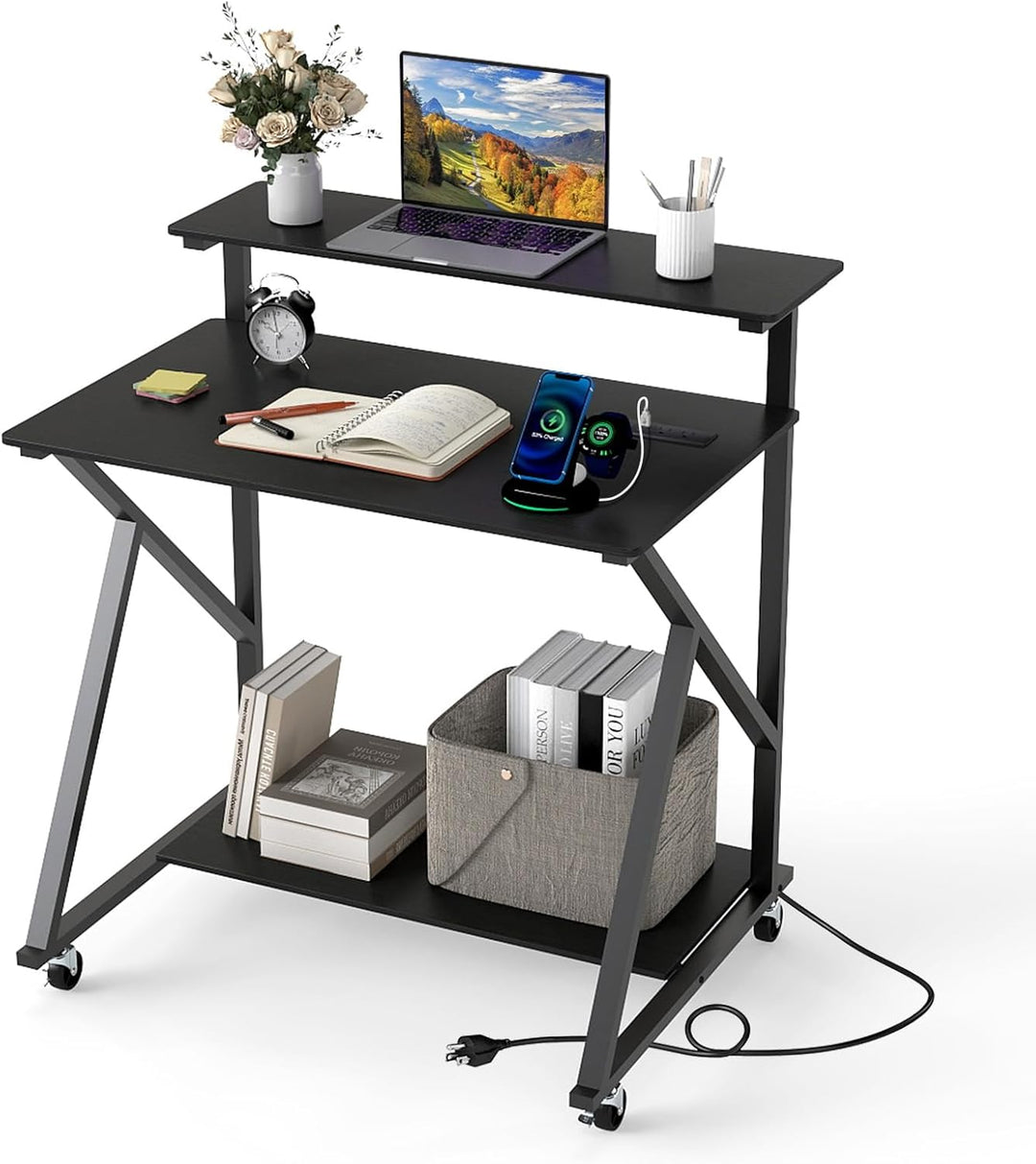Giantex Rolling Small Desk with Storage | Compact Computer Desk for Small Spaces with Charging Station