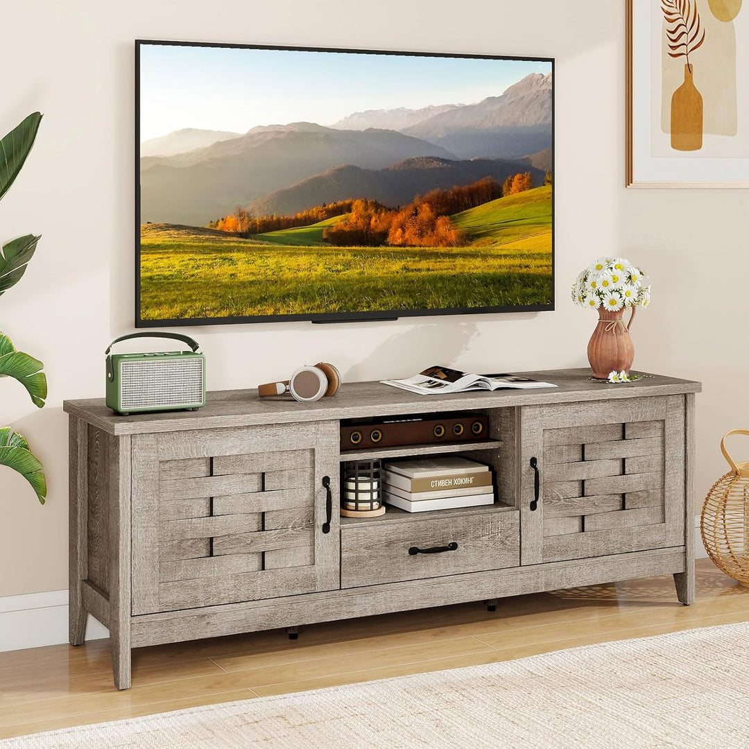 Giantex Farmhouse TV Stand for 65 Inch TVs 59" Wood Entertainment Center with 2 Woven Accent Doors