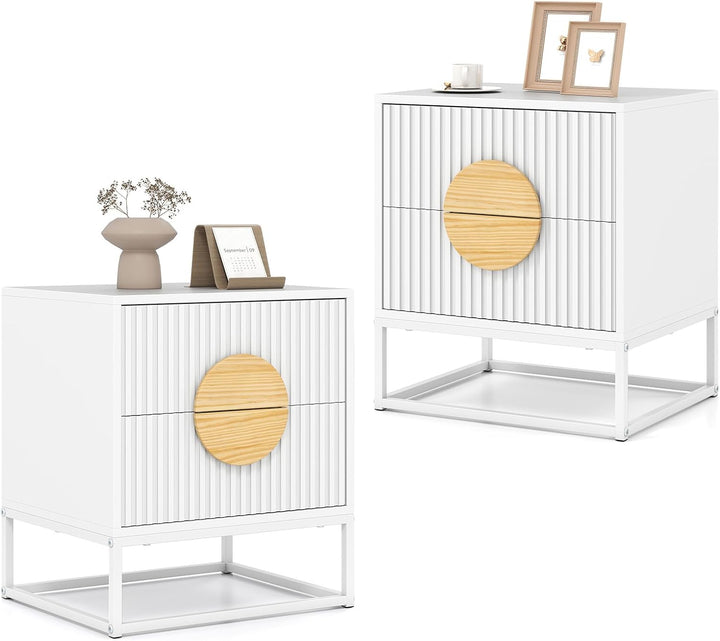 Giantex Fluted Nightstand with 2 Drawers with Natural Circle Handle & Metal Frame