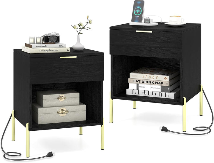 Giantex Mid Century Modern Nightstand with Charging Station