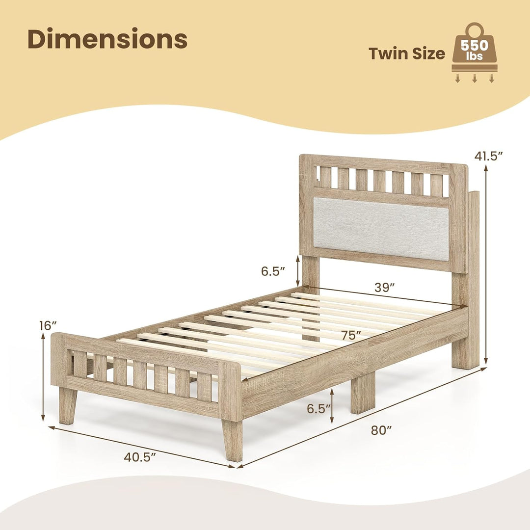 Giantex Mid-Century Wood Bed Frame with Upholstered Headboard (Full/Twin)