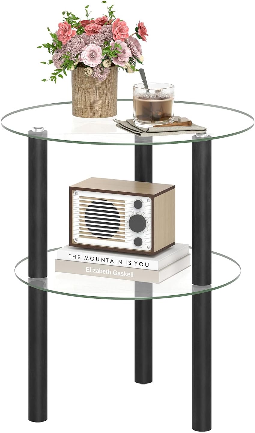 Giantex Round/Square 2-Tier Sofa Side Table with Clear Tempered Glass Top &amp; Shelf (1/2)