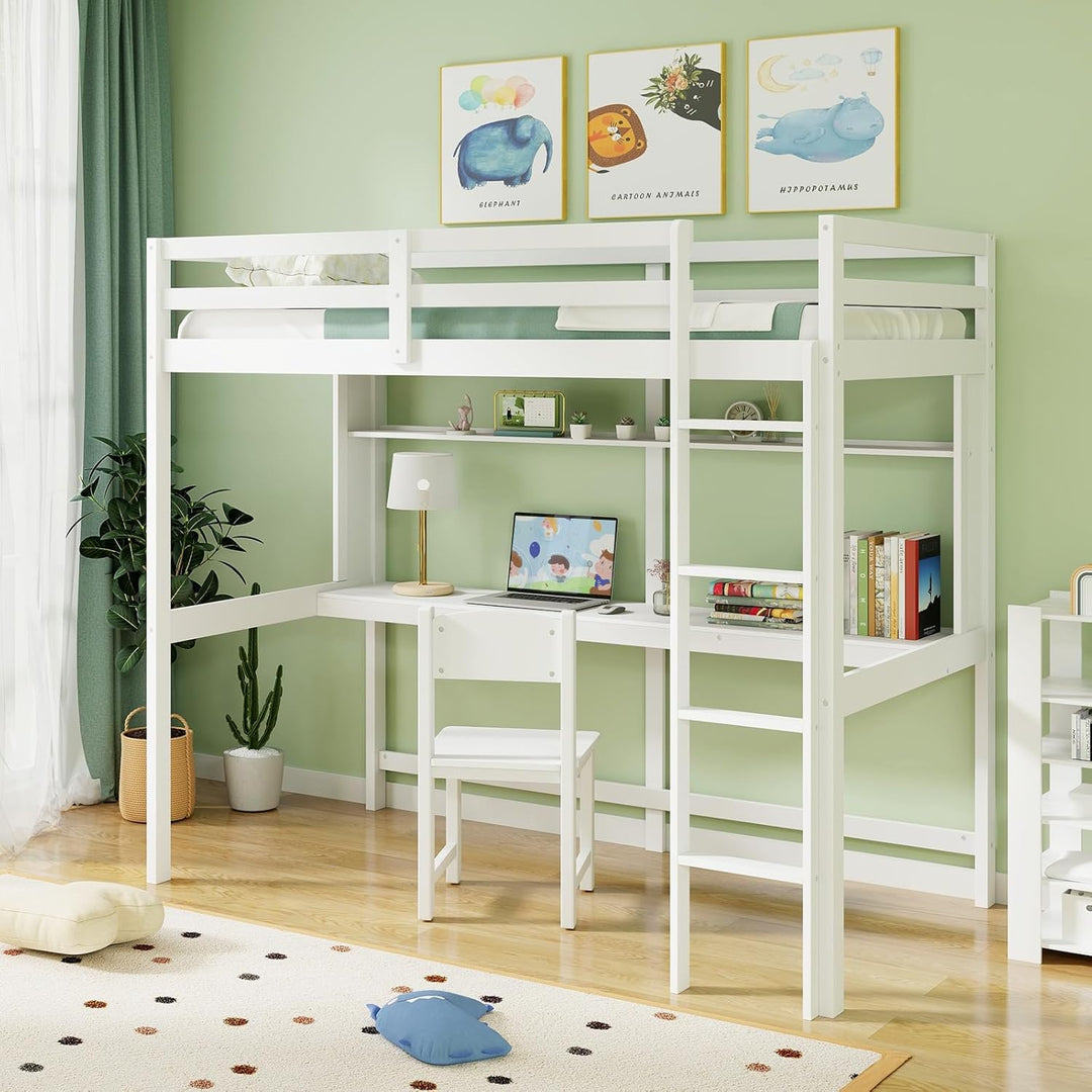 Giantex Twin Loft Bed with Desk and Bookshelf, Wooden Bed Frame with Safety Guardrail &amp; Ladder