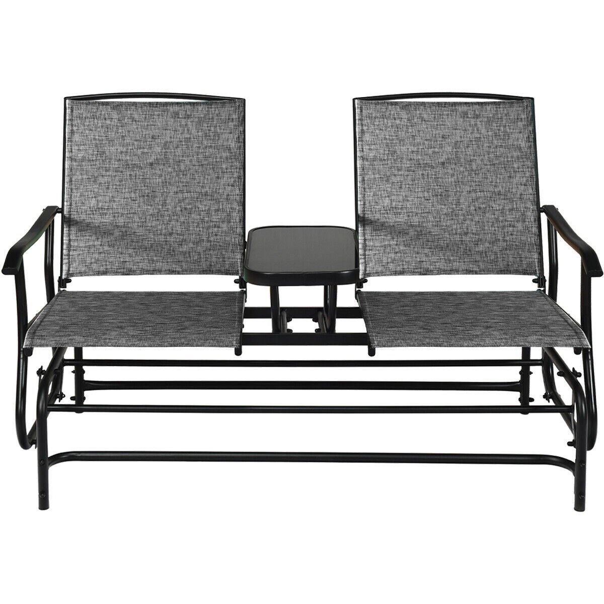 Giantex 2 Person Outdoor Double Glider Chair, Mesh Fabric Rocking Chair w/Center Tempered Glass Table