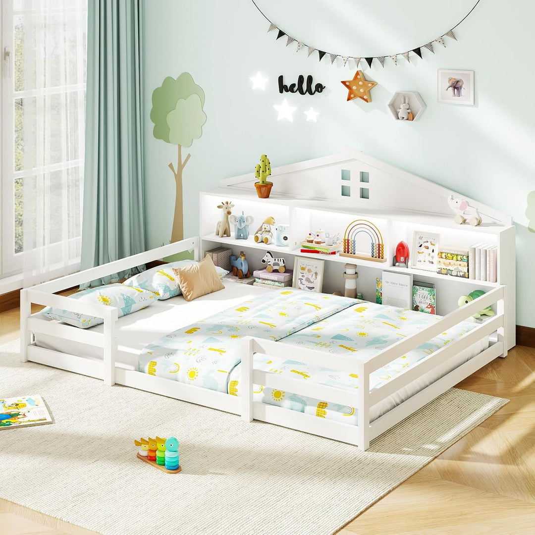Giantex Montessori Floor Bed with LED Lights 2-in-1 Wooden House Bed Frame with Safety Guardrails