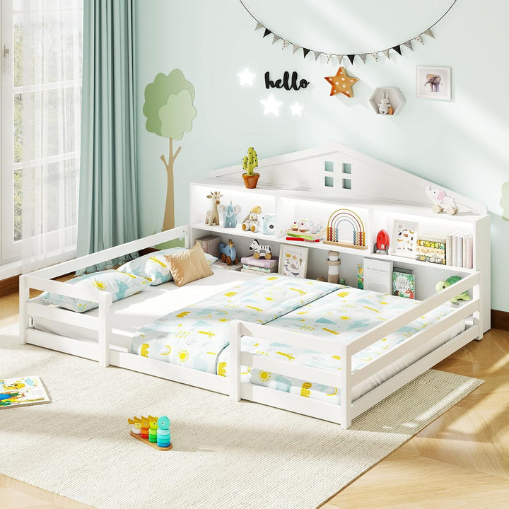 Giantex Montessori Floor Bed with LED Lights 2-in-1 Wooden House Bed Frame with Safety Guardrails